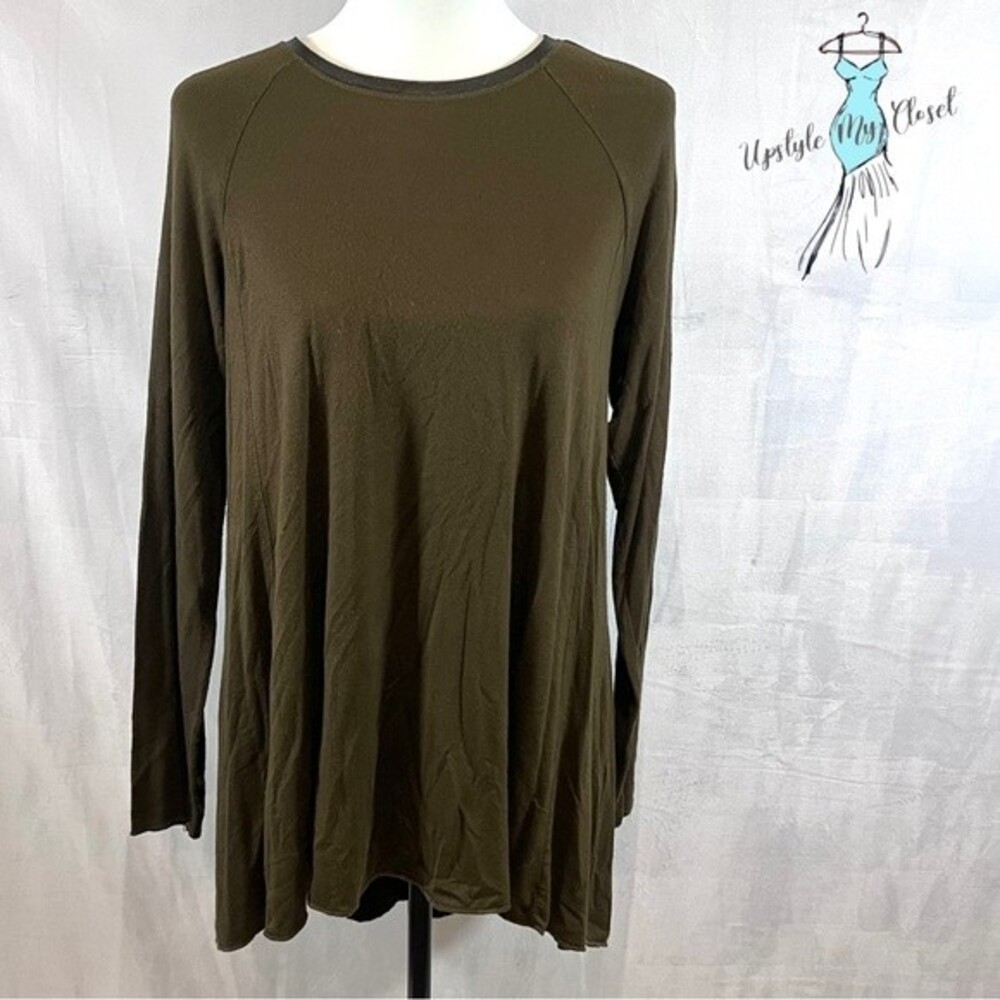 Zara long sleeve army green faux leather trimmed tunic top size large